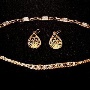 Earring Set Teardrop Filigree Gold-Toned and Two Gold-Toned Bracelets